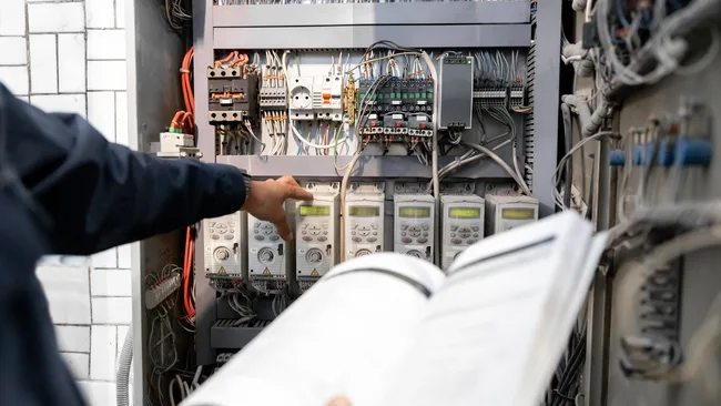 A worker holding an open manual beside an open control cabinet, reaching toward a row of mounted drives and wiring