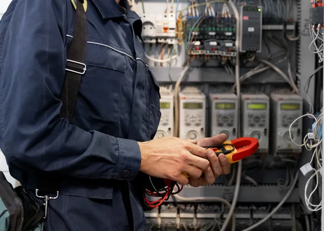 A technician in coveralls holding a clamp meter in front of an open control panel of breakers and wiring