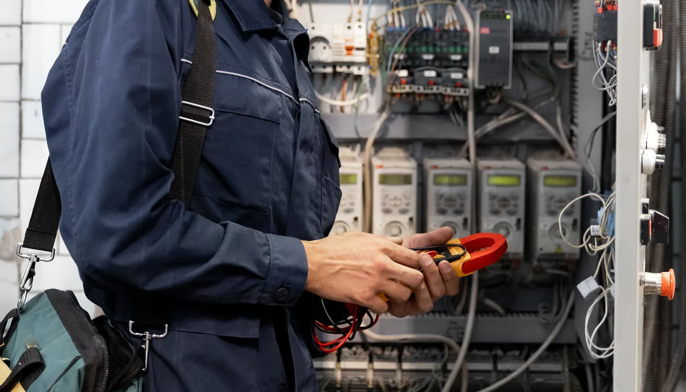 A technician in coveralls holding a clamp meter in front of an open control panel of breakers and wiring