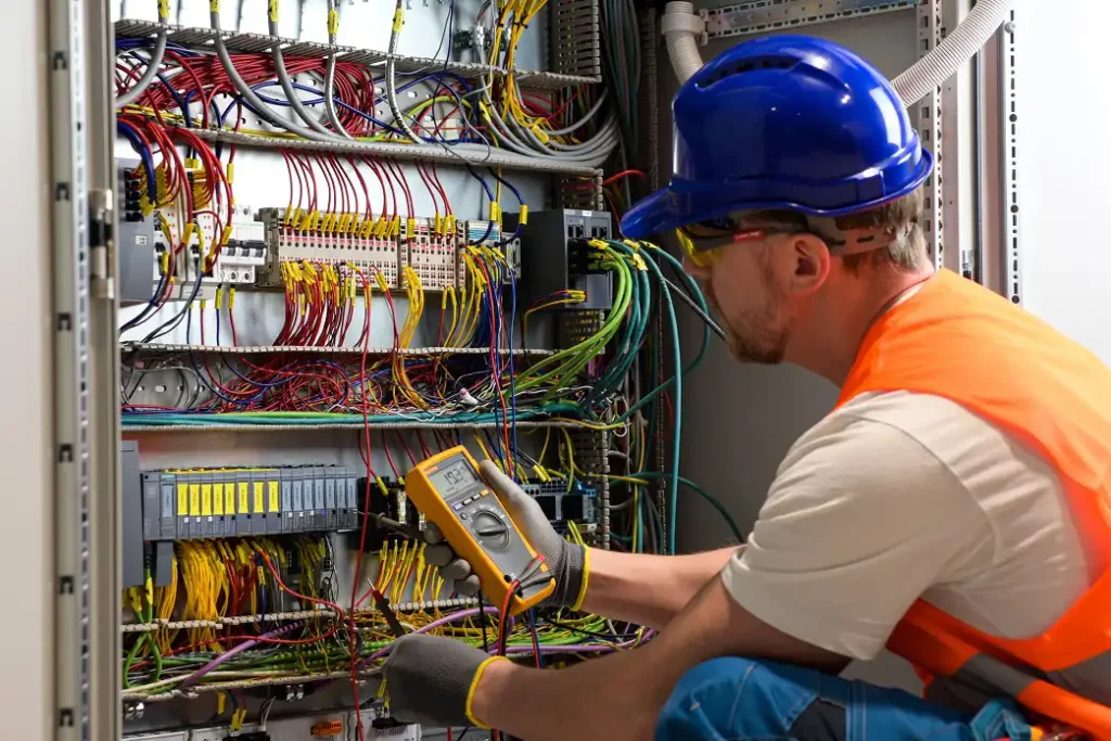 An electrician in a hard hat and high-visibility vest testing a densely wired industrial control cabinet with a multimeter — electrical contractor insurance in Oklahoma