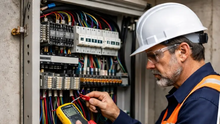 An electrician in a hard hat and high-visibility vest testing a commercial control panel with a multimeter — electrical contractor insurance in Vermont