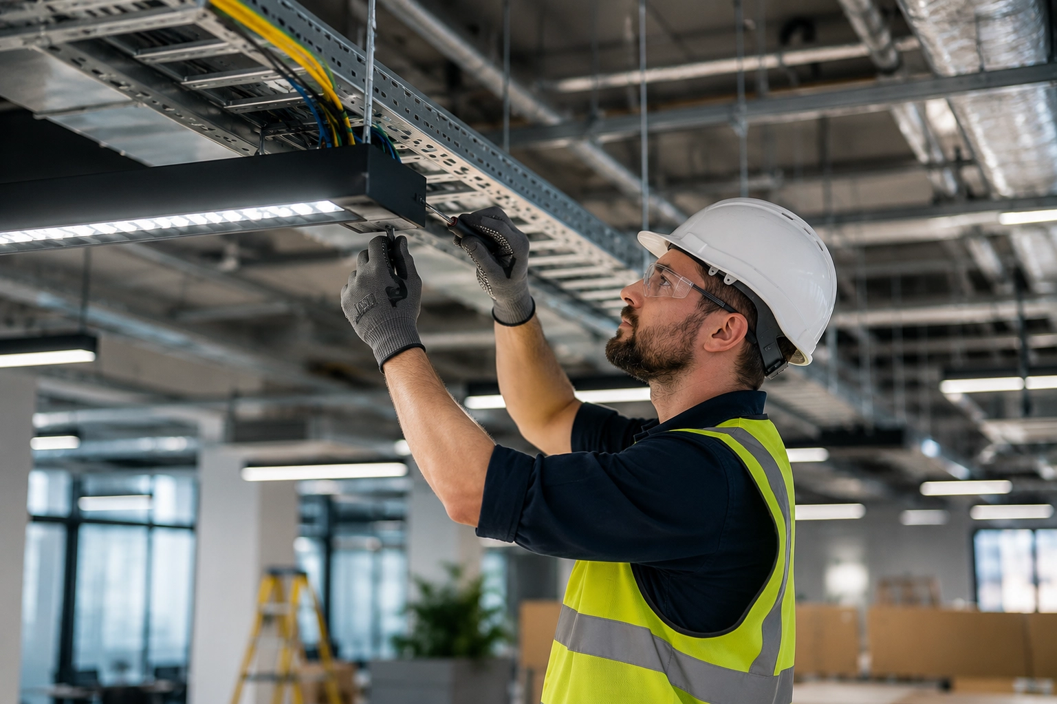 An electrician in a hard hat and high-visibility vest working overhead on a lighting fixture and cable tray in an open commercial office — electrical contractor insurance in Wyoming