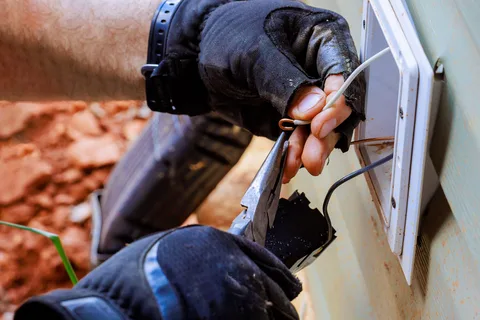 Gloved hands using pliers to trim a wire at a wall-mounted fixture plate — electrical contractor insurance in North Carolina