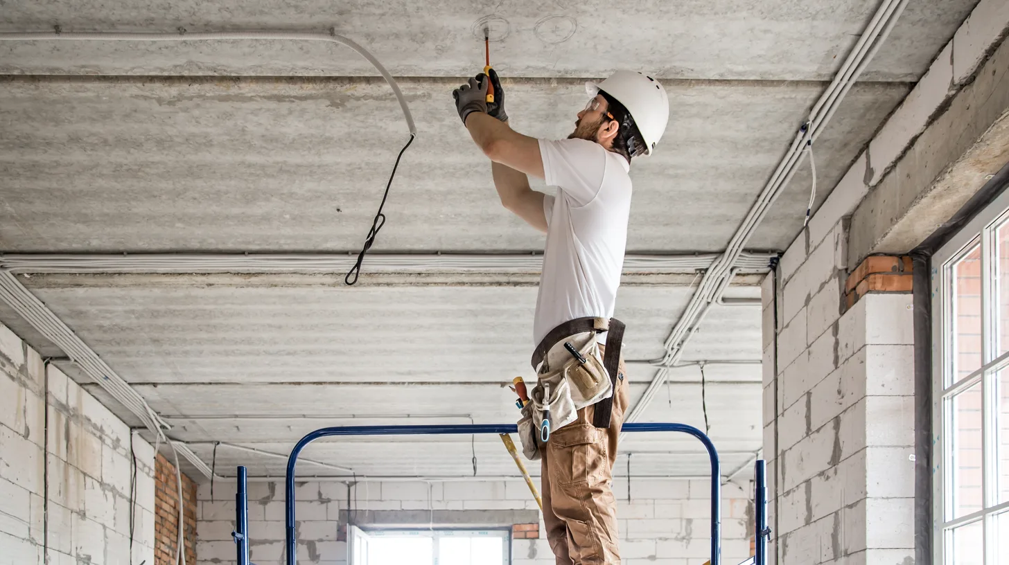 An electrician in a hard hat standing on a mobile work platform, reaching overhead to run cable along a bare concrete ceiling — electrical contractor insurance in Georgia