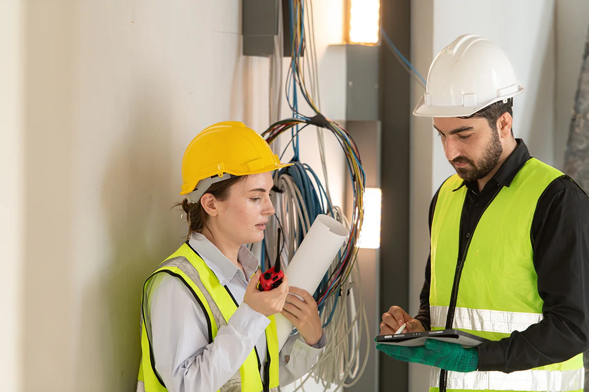 Two electricians in hard hats and high-visibility vests reviewing drawings and a tablet beside roughed-in wiring — electrical contractor insurance in Maryland