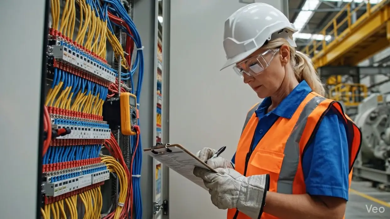 An electrician in a hard hat and high-visibility vest writing on a clipboard in front of an industrial control panel — electrical contractor insurance in New Hampshire