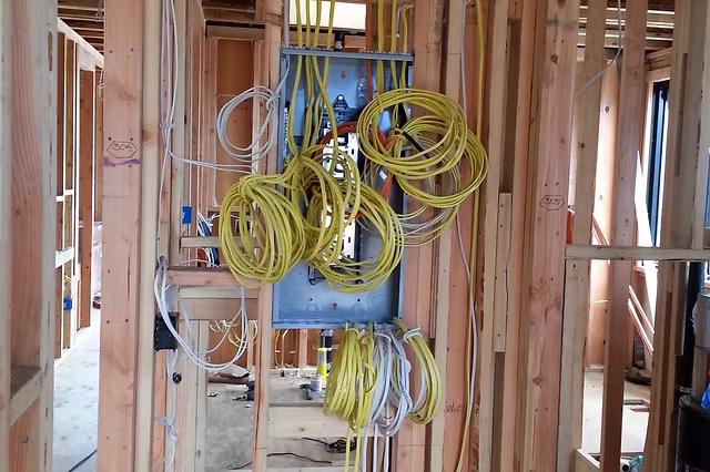 Coils of yellow nonmetallic cable roughed in to a panel box during residential framing — electrical contractor insurance in North Dakota