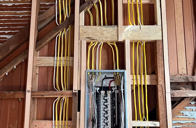 A residential breaker panel roughed into a stud wall with yellow cables run neatly down the framing — electrical contractor insurance in Idaho