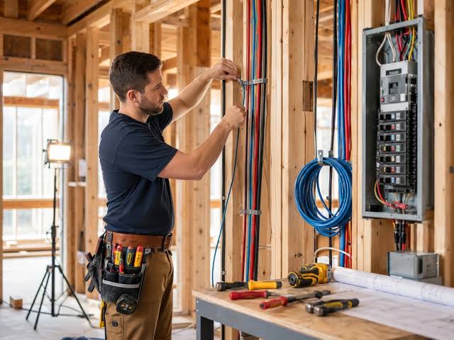 An electrician in a tool belt running colored conductors down wall framing to a breaker panel in a house under construction — electrical contractor insurance in Massachusetts