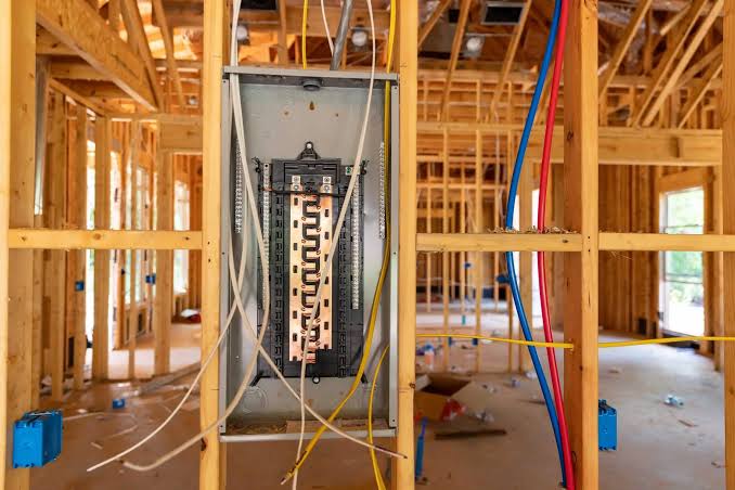 An open breaker panel with copper bus bars mounted in the framing of a house under construction — electrical contractor insurance in New Jersey