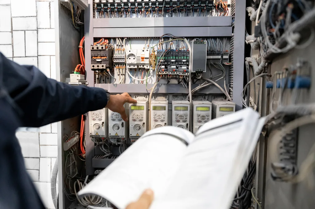 A worker holding an open manual beside an open control cabinet, reaching toward a row of mounted drives and wiring — electrical contractor insurance in Ohio