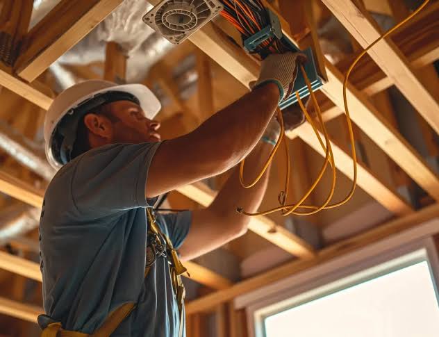 An electrician in a hard hat wiring a ceiling junction box and running cable through framing — electrical contractor insurance in Utah