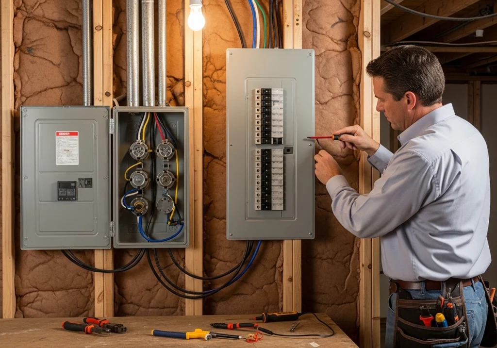 An electrician in a tool belt working on a breaker panel beside a meter enclosure in an insulated basement — electrical contractor insurance in Michigan