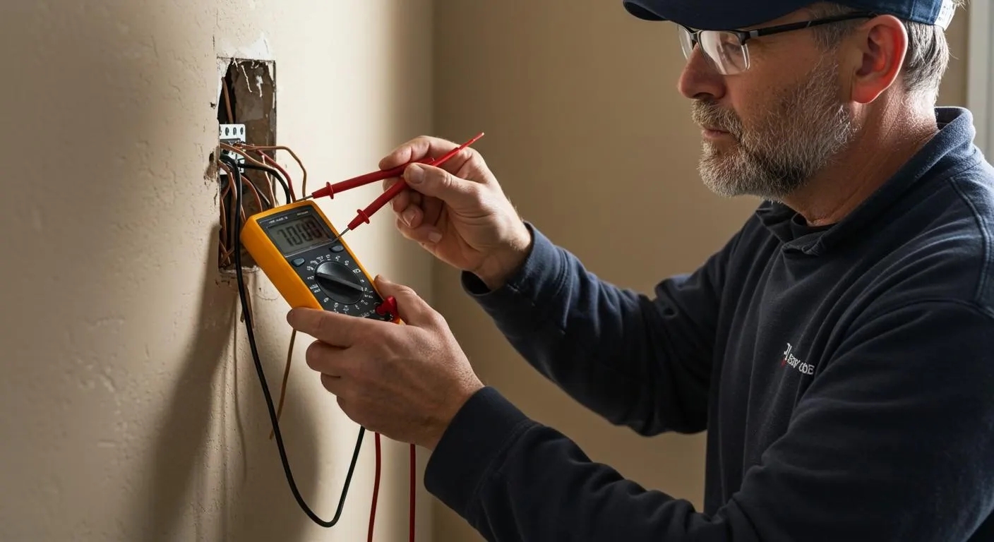 An electrician in safety glasses testing wiring at an old-work wall box with a multimeter — electrical contractor insurance in New Mexico