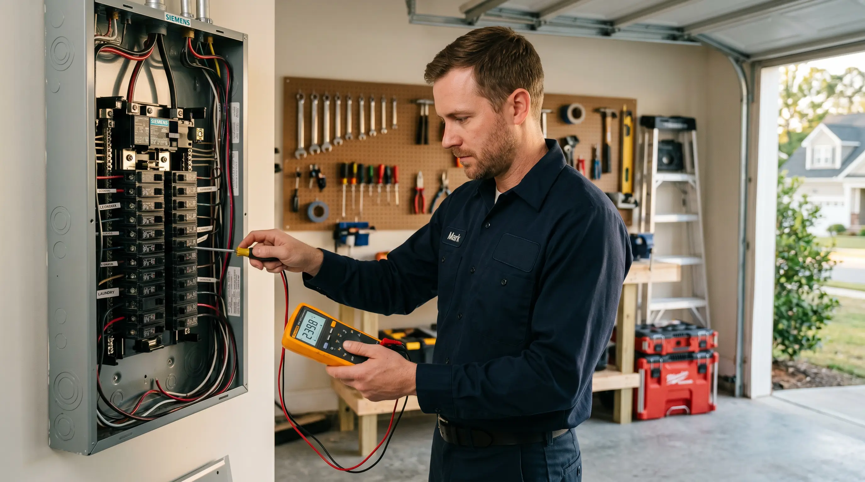 An electrician using a multimeter to test an open residential breaker panel in a garage workshop — electrical contractor insurance in Delaware